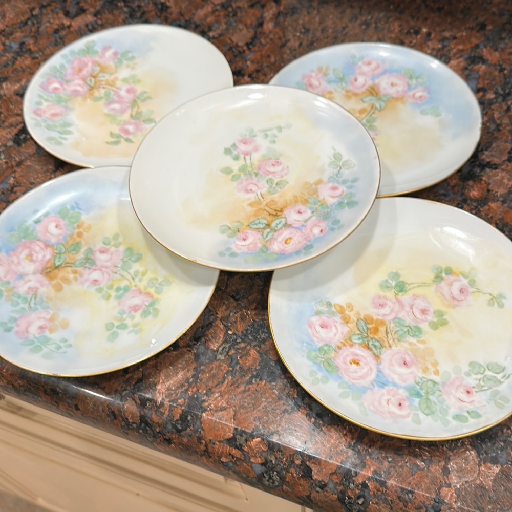 Five hand painted vintage dessert plates signed and stamped Bavaria pastel roses
